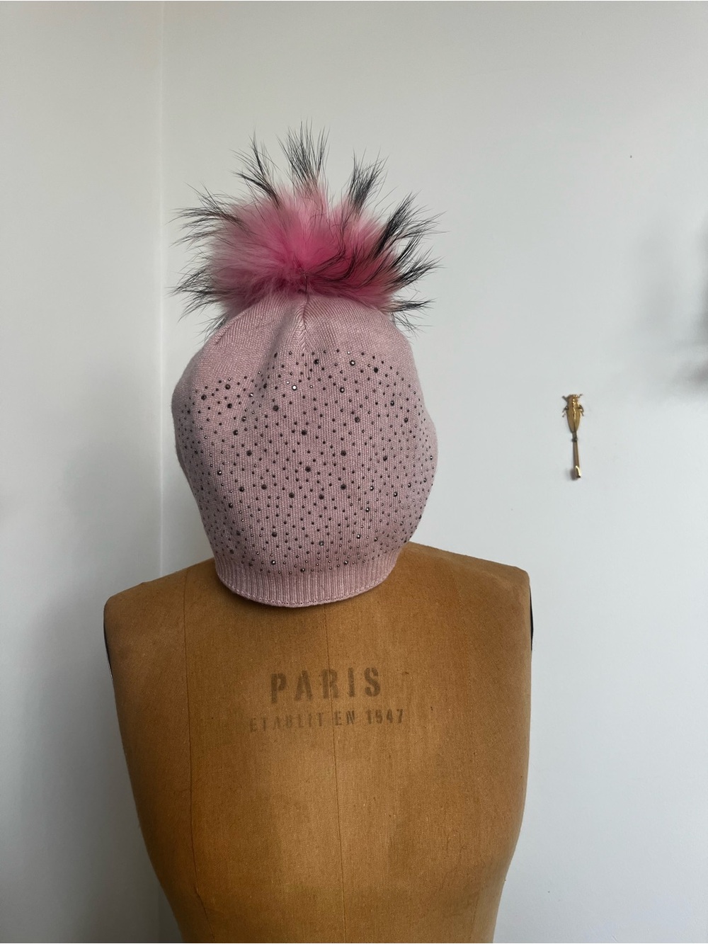 PNYC Pink Crystal Knit fur Pom Beanie- Women Accessories